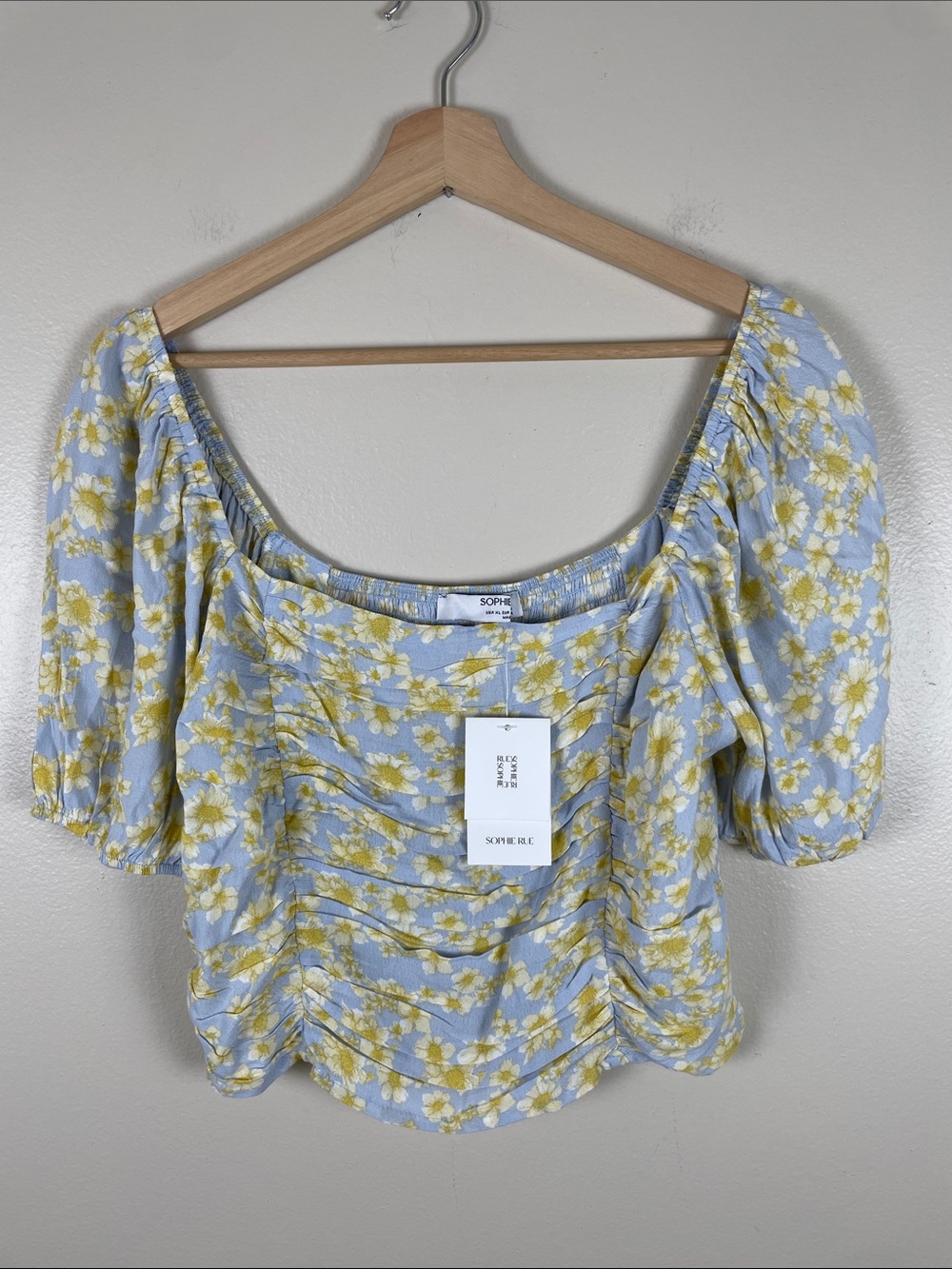 Sophie Rue Light Blue & Yellow Floral Puff-Sleeve Crop Top. NEW XL